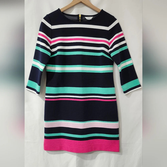 crown & ivy Dresses & Skirts - Pink Green Navy Stripe Womens Ribbed Dress Size XS Preppy Bodycon Resort Cruise